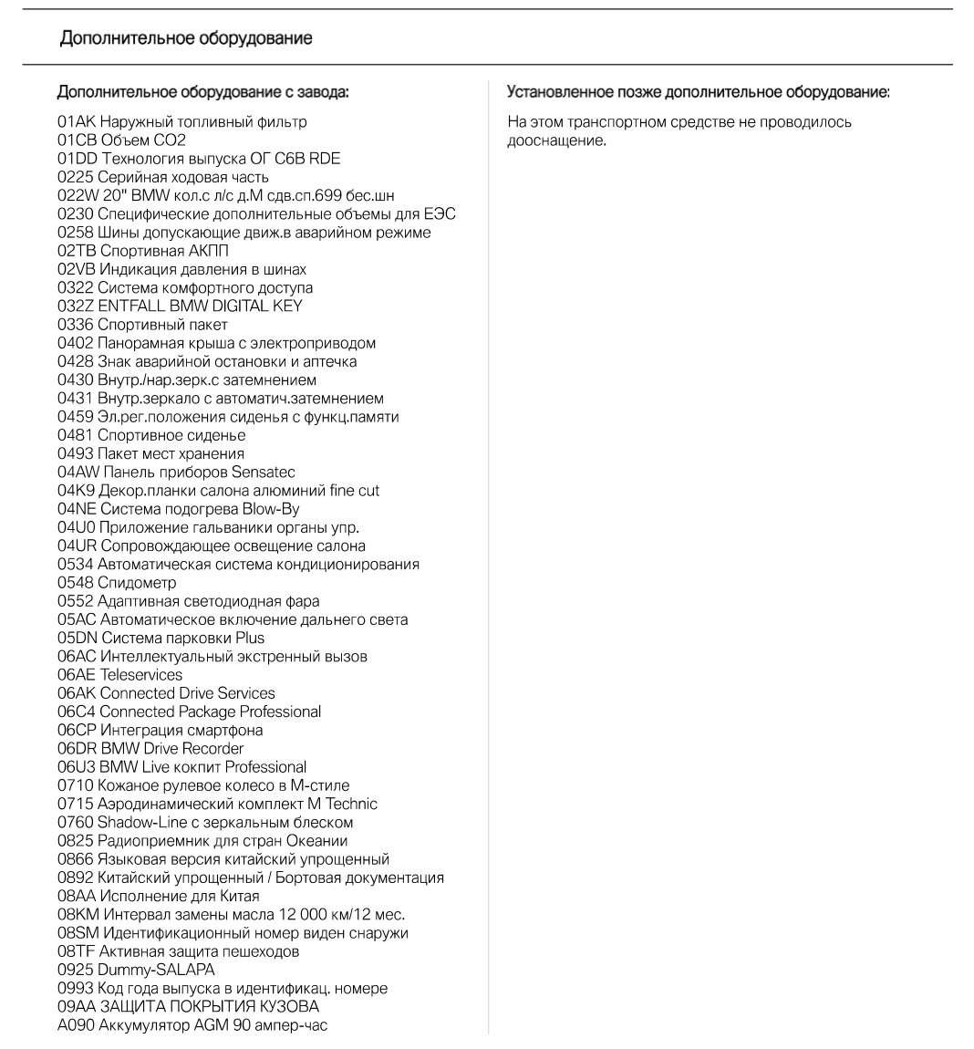 Пример расшифровки комплектации BMW